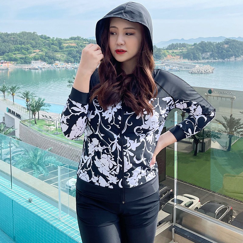 【貝娣泳裝】M021女生泳衣 多件式泳衣 連帽長袖防曬泳衣 衝浪衣 浮潛服 水母衣 大尺碼泳衣 泡湯 女泳裝/現+預-規格圖9