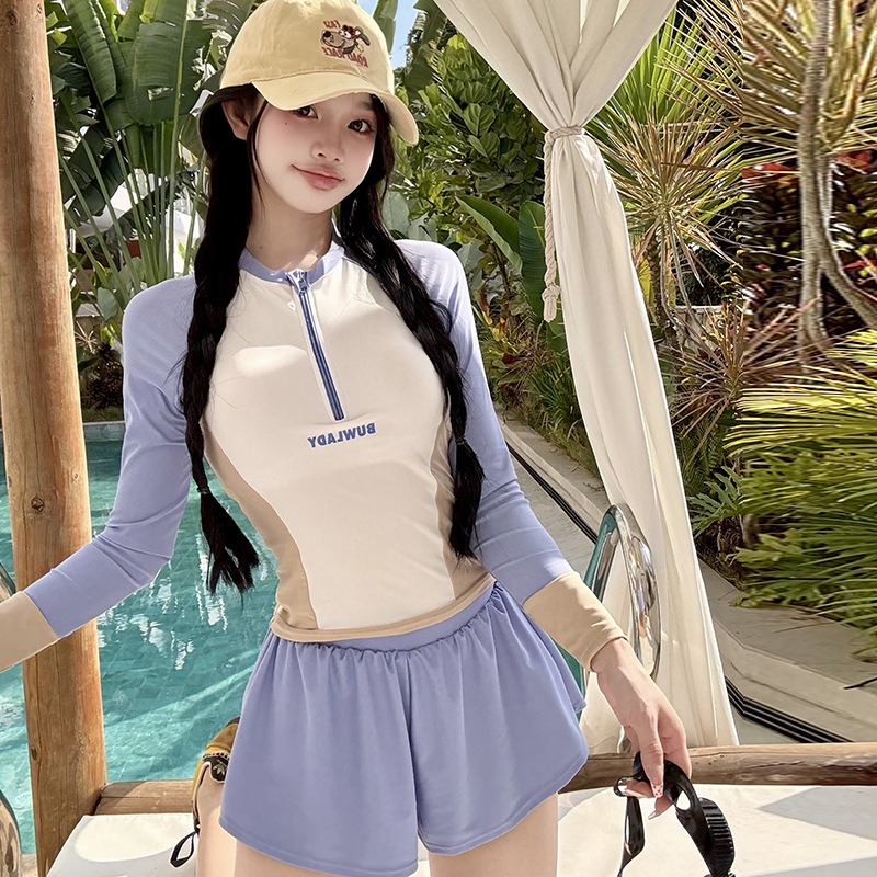【貝娣泳裝】M030女生 長袖防曬泳衣 分體兩件式 遮肉顯瘦 運動風 衝浪 浮潛服 水母衣 平角褲 泳裝 泡湯/現+預-細節圖2