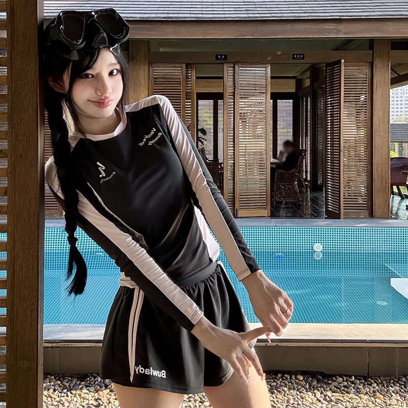 【貝娣泳裝】M031女生 長袖防曬泳衣 分體兩件式 遮肉顯瘦 運動風 衝浪 浮潛服 水母衣 平角褲 泳裝 泡湯/現+預-細節圖2