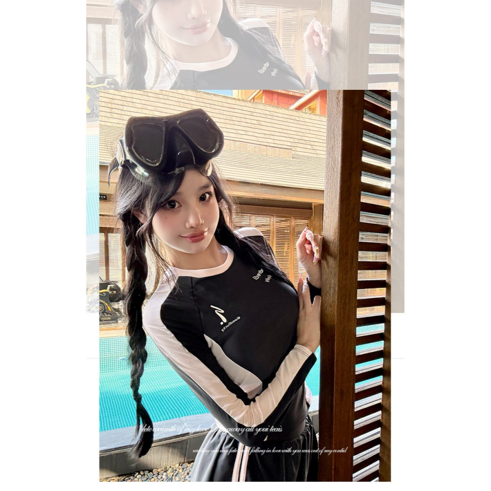 【貝娣泳裝】M031女生 長袖防曬泳衣 分體兩件式 遮肉顯瘦 運動風 衝浪 浮潛服 水母衣 平角褲 泳裝 泡湯/現+預-細節圖8