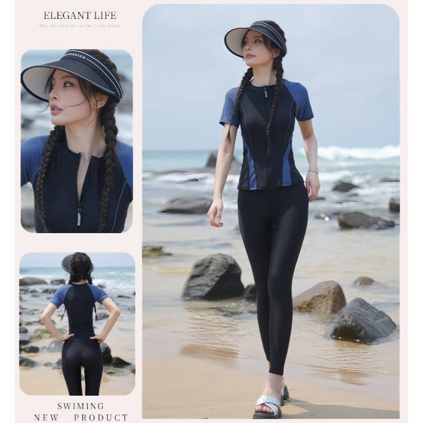【貝娣泳裝】K069女生泳衣 運動泳衣 兩件式 短袖泳衣 衝浪 浮潛 滑水 水母衣 遊泳衣 五分褲 溫泉泡湯/現+預-細節圖3