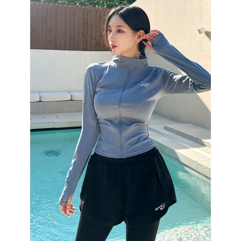 【貝娣泳裝】M043女生 長袖防曬泳衣 兩件式 顯瘦分體 運動風 衝浪 浮潛服 水母衣 假兩件長泳褲 泳裝 泡湯/現+預-細節圖2