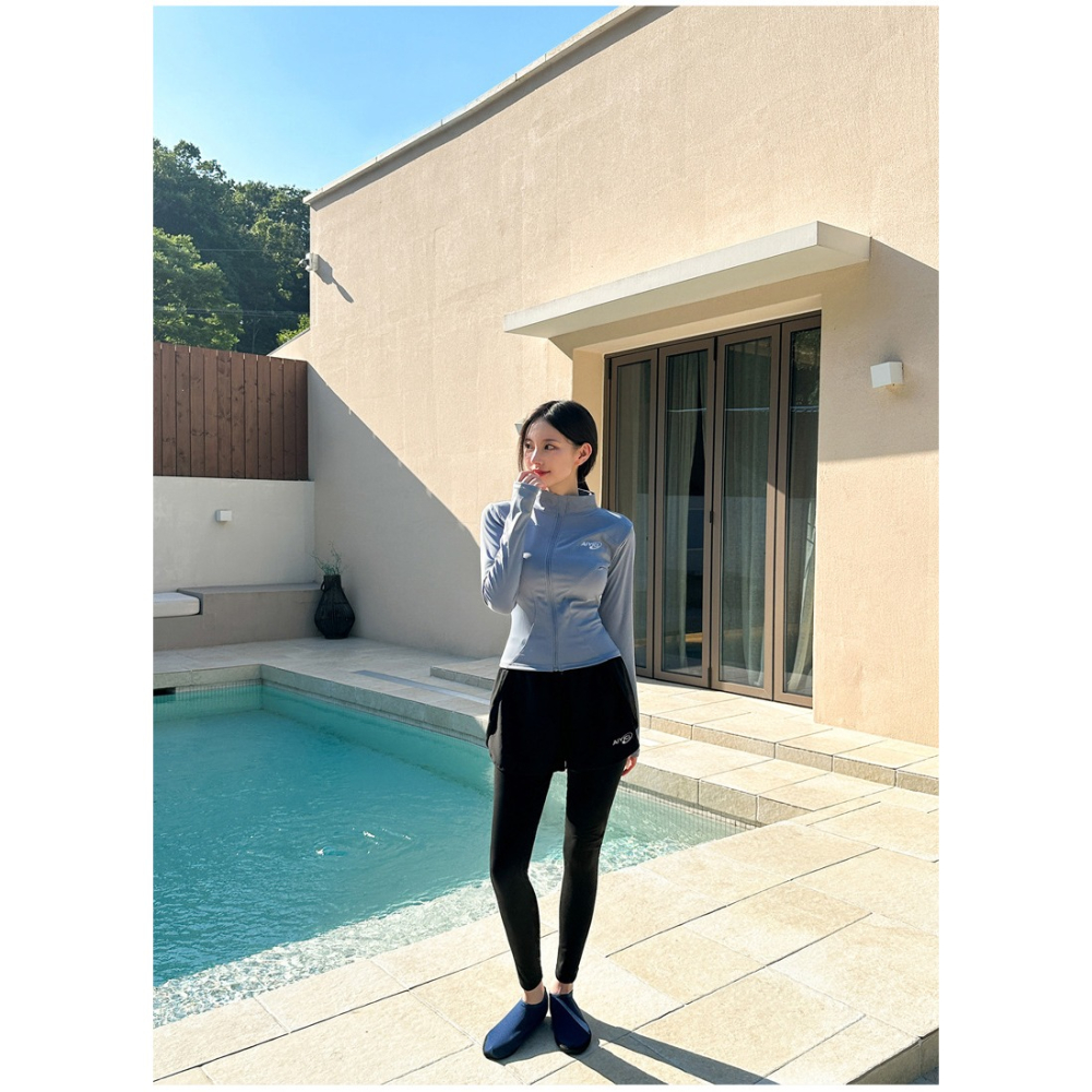 【貝娣泳裝】M043女生 長袖防曬泳衣 兩件式 顯瘦分體 運動風 衝浪 浮潛服 水母衣 假兩件長泳褲 泳裝 泡湯/現+預-細節圖3