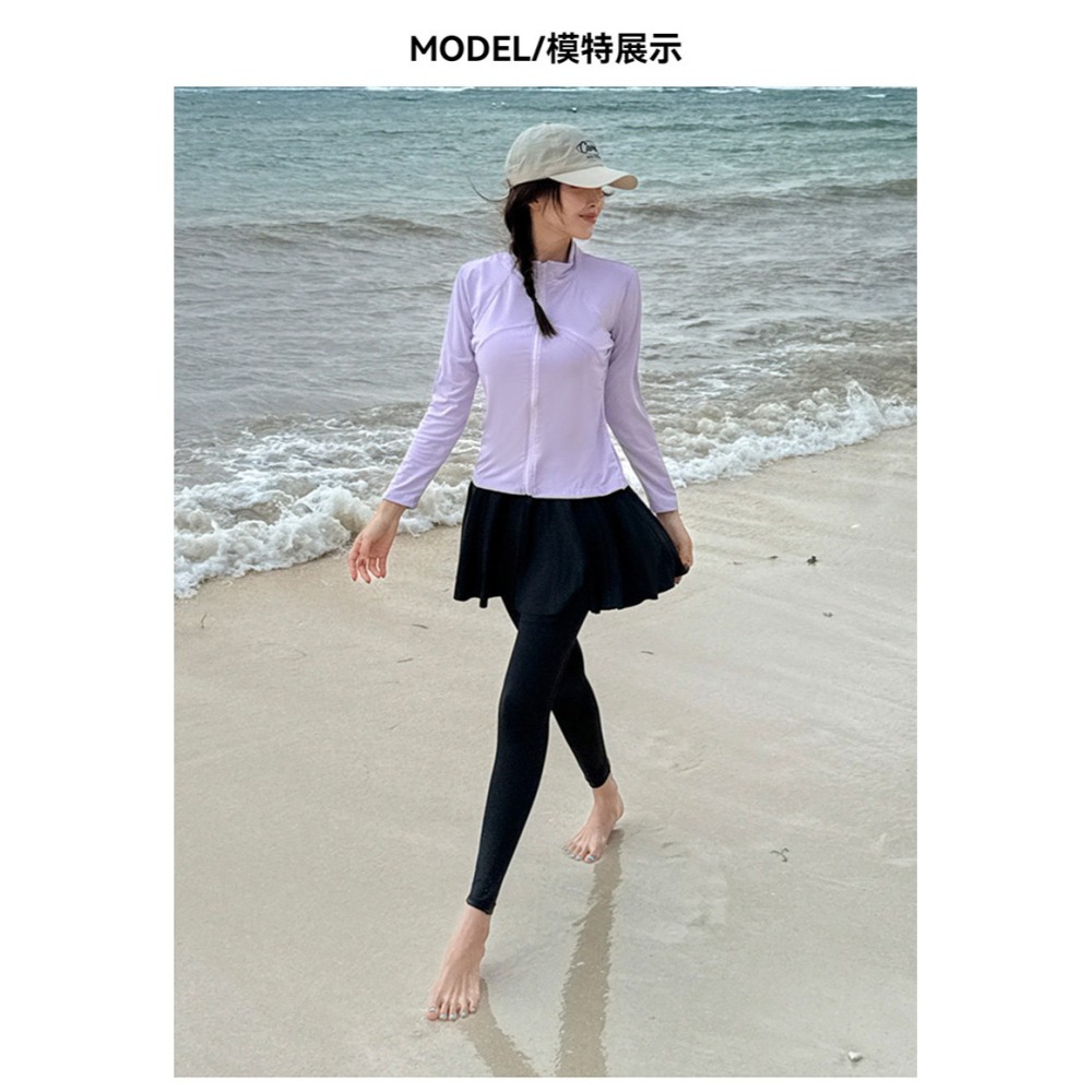 【貝娣泳裝】M049女生泳衣 長袖防晒 三件式泳衣 顯瘦分體 運動風 衝浪 浮潛服 水母衣 褲裙 游泳 泡湯泳裝/現+預-細節圖3