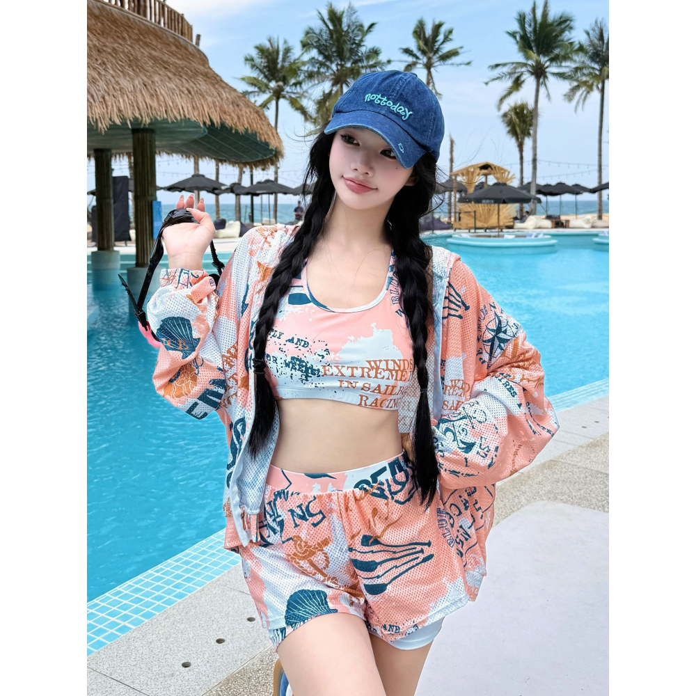 【貝娣泳裝】M103女生泳衣 長袖防晒 三件式泳衣 遮肚顯瘦 運動風 沙灘 比基尼 罩衫 衝浪 浮潛 泡湯泳裝/現+預-細節圖3