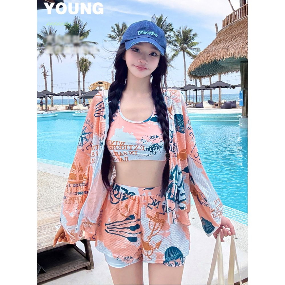 【貝娣泳裝】M103女生泳衣 長袖防晒 三件式泳衣 遮肚顯瘦 運動風 沙灘 比基尼 罩衫 衝浪 浮潛 泡湯泳裝/現+預-細節圖4
