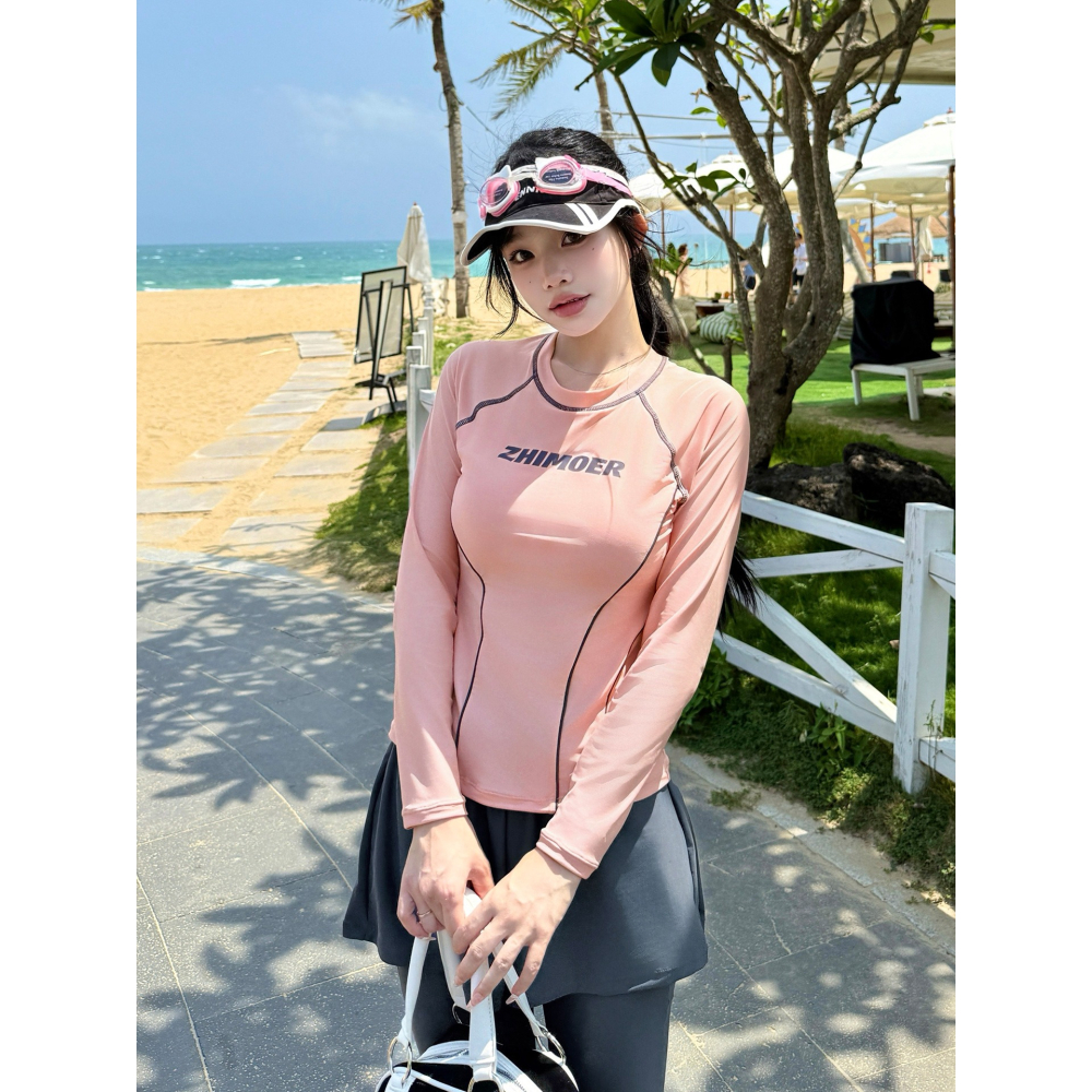 【貝娣泳裝】M106女生泳衣 長袖長褲防晒 分體兩件式 運動風 沙灘 衝浪衣 浮潛服 水母衣 假兩件長褲 泡湯/現+預-細節圖2
