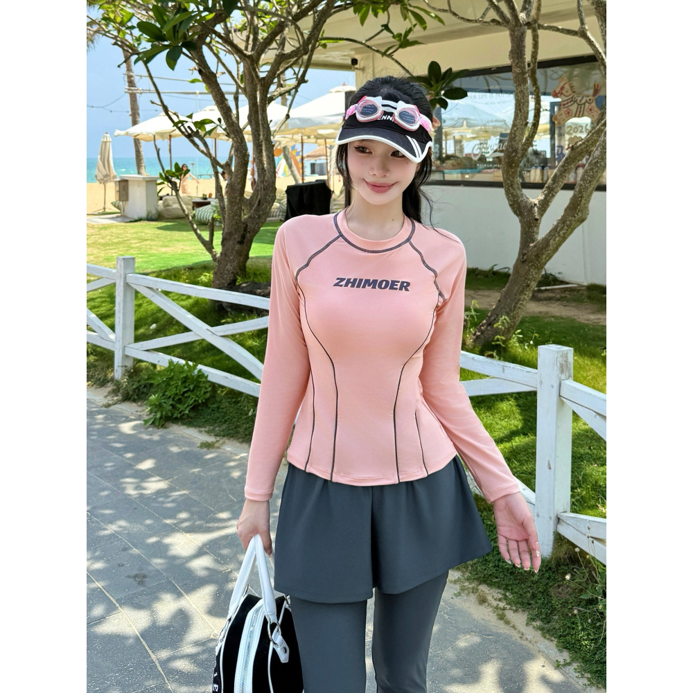 【貝娣泳裝】M106女生泳衣 長袖長褲防晒 分體兩件式 運動風 沙灘 衝浪衣 浮潛服 水母衣 假兩件長褲 泡湯/現+預-細節圖3