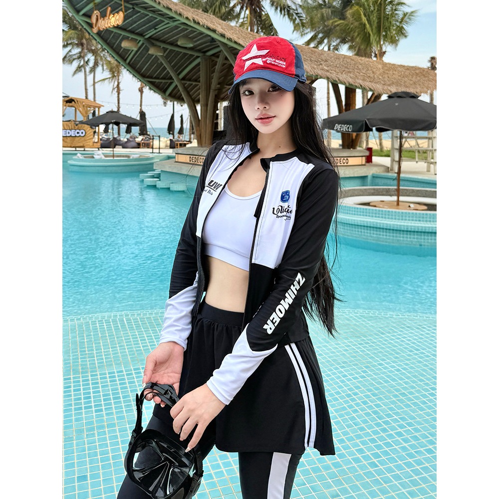 【貝娣泳裝】M117女生泳衣 長袖長褲防晒 三件式 運動風 沙灘 衝浪衣 浮潛服 水母衣 假兩件長褲 泡湯泳裝/現+預-細節圖2