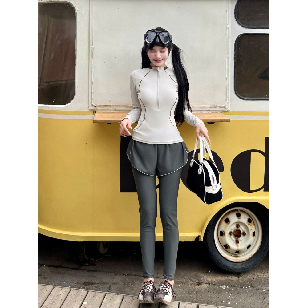 【貝娣泳裝】M118女生泳衣 長袖長褲防晒 分體兩件式 運動風 沙灘 衝浪衣 浮潛服 水母衣 假兩件長褲 泡湯/現+預-細節圖2