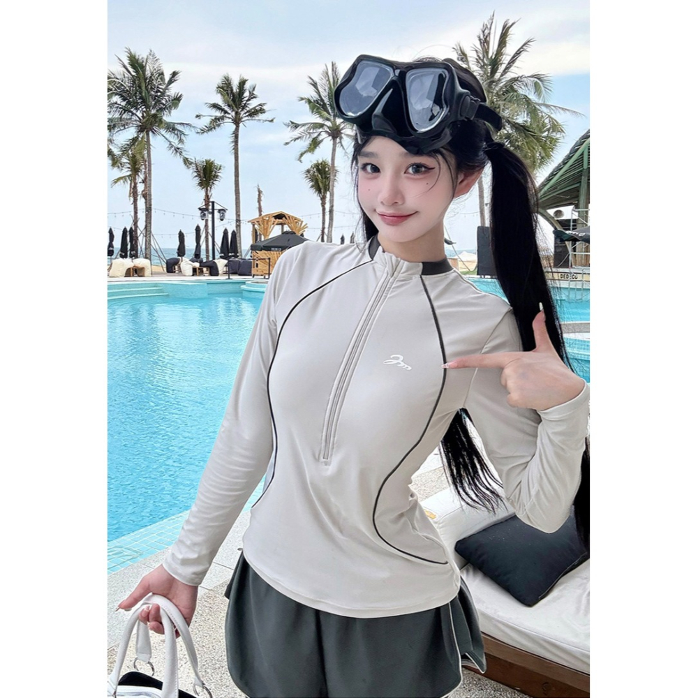 【貝娣泳裝】M118女生泳衣 長袖長褲防晒 分體兩件式 運動風 沙灘 衝浪衣 浮潛服 水母衣 假兩件長褲 泡湯/現+預-細節圖6