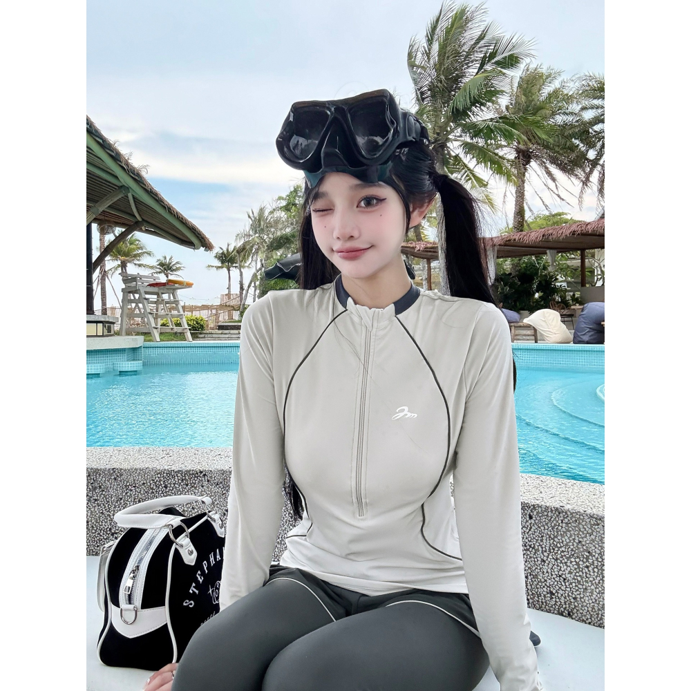 【貝娣泳裝】M118女生泳衣 長袖長褲防晒 分體兩件式 運動風 沙灘 衝浪衣 浮潛服 水母衣 假兩件長褲 泡湯/現+預-細節圖7