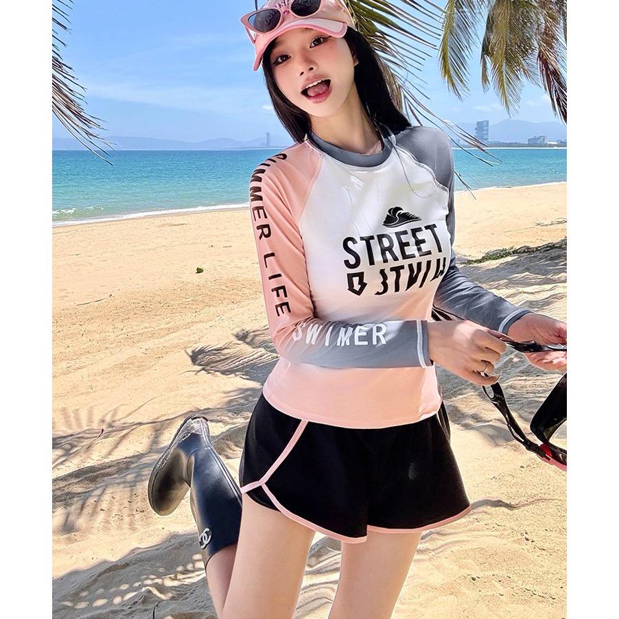 【貝娣泳裝】M119女生泳衣 長袖防晒 分體兩件式 遮肉顯瘦 運動風 衝浪 浮潛服 水母衣 平角褲 泳裝 泡湯/現+預-細節圖6
