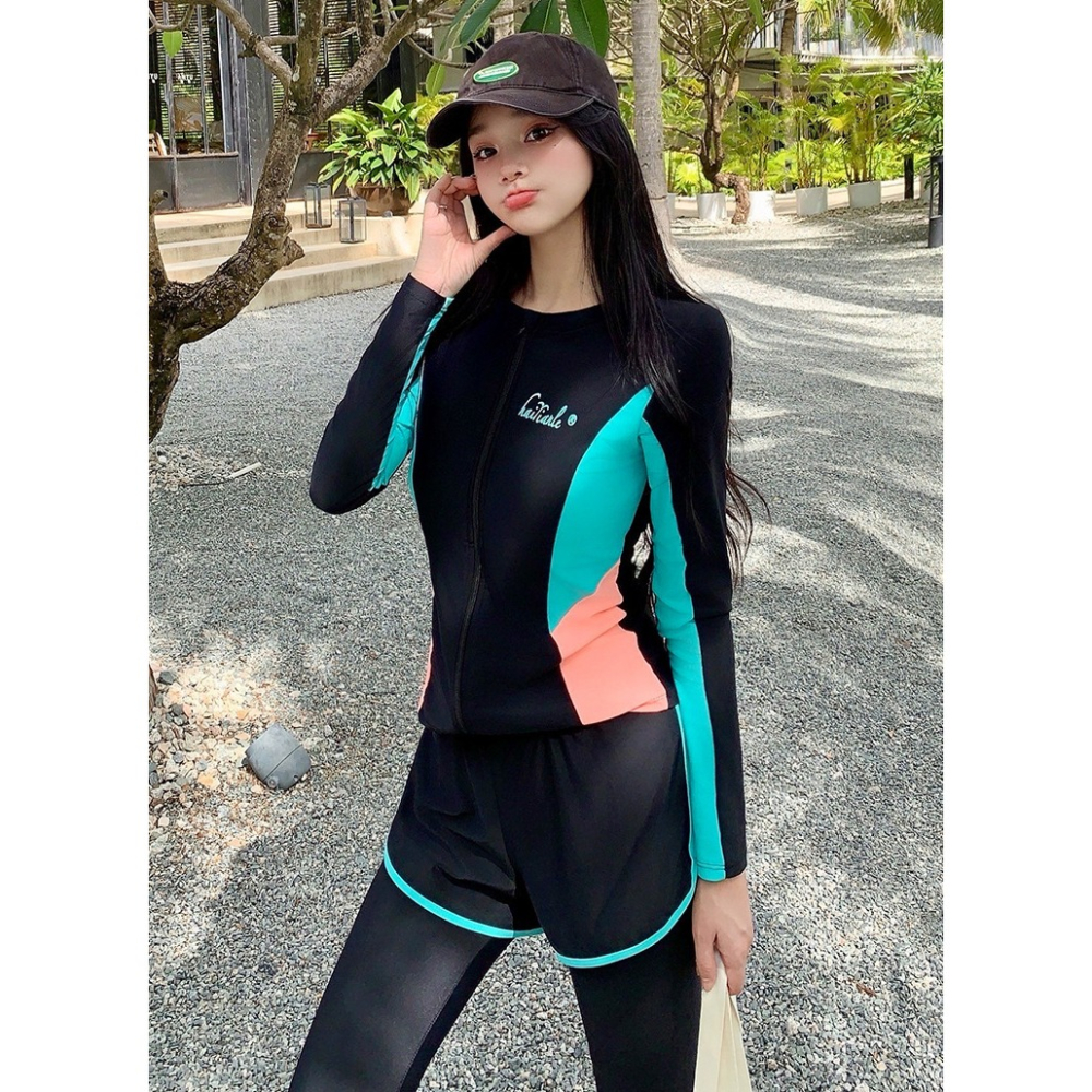 【貝娣泳裝】M126女生泳衣 長袖長褲防晒 分體兩件式 運動風 沙灘 衝浪衣 浮潛服 水母衣 假兩件長褲 泡湯/現+預-細節圖8