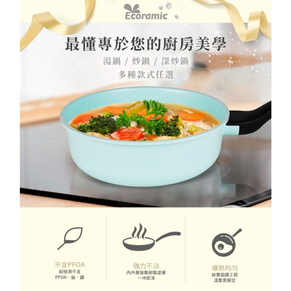 現貨 韓國 Ecoramic 鈦晶石頭抗菌陶瓷鍋 藍 陶瓷 鍋 鈦晶 清新水晶 花鑽薄荷藍 20CM 28CM 32CM-細節圖2