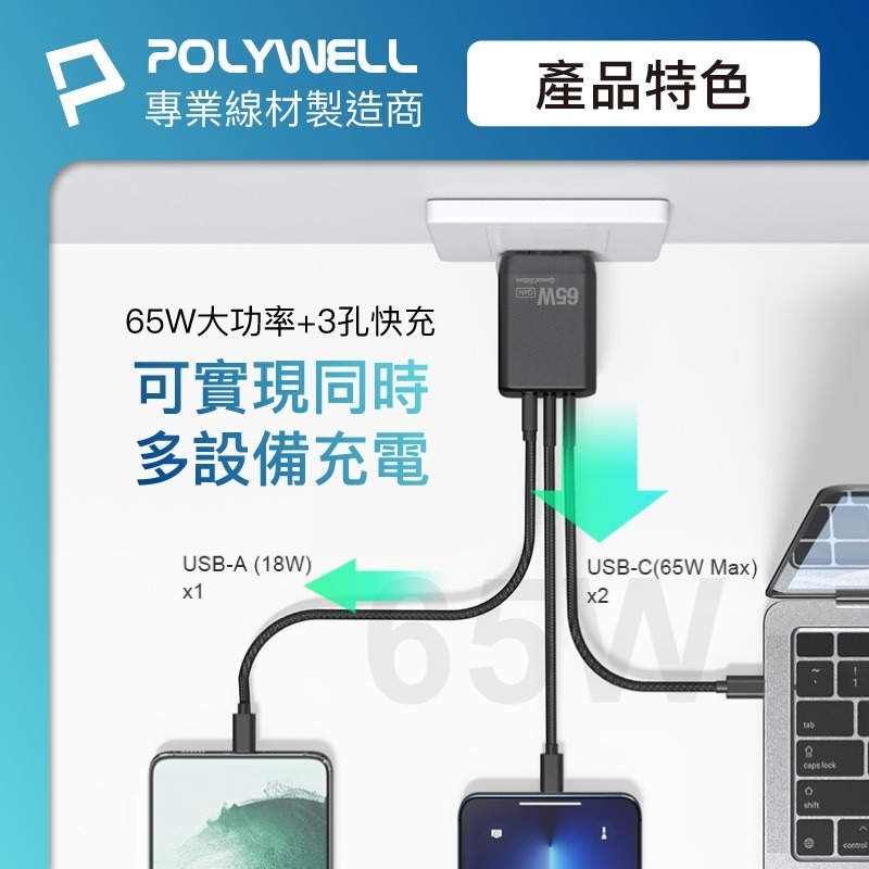 POLYWELL 雙C+USB充電器 GaN氮化鎵 BSMI 65W 三孔PD快充頭-細節圖5