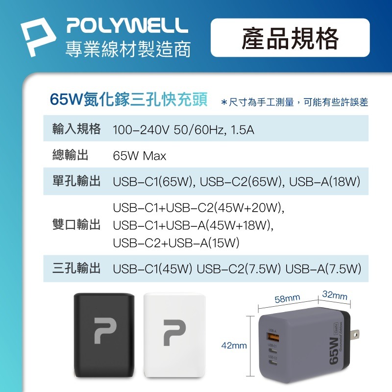 POLYWELL 雙C+USB充電器 GaN氮化鎵 BSMI 65W 三孔PD快充頭-細節圖9