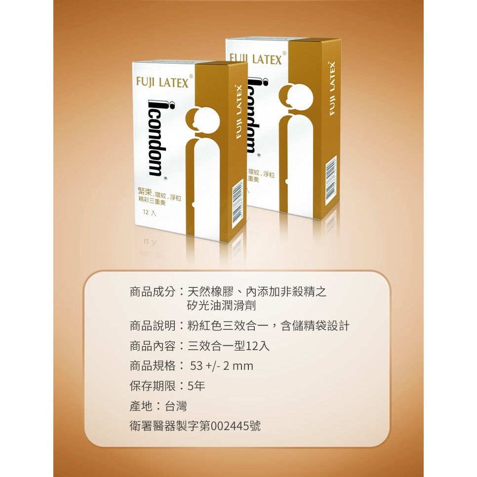 FUJI LATEX 艾康頓 ICONDOM 三合一型 保險套 12入-細節圖5