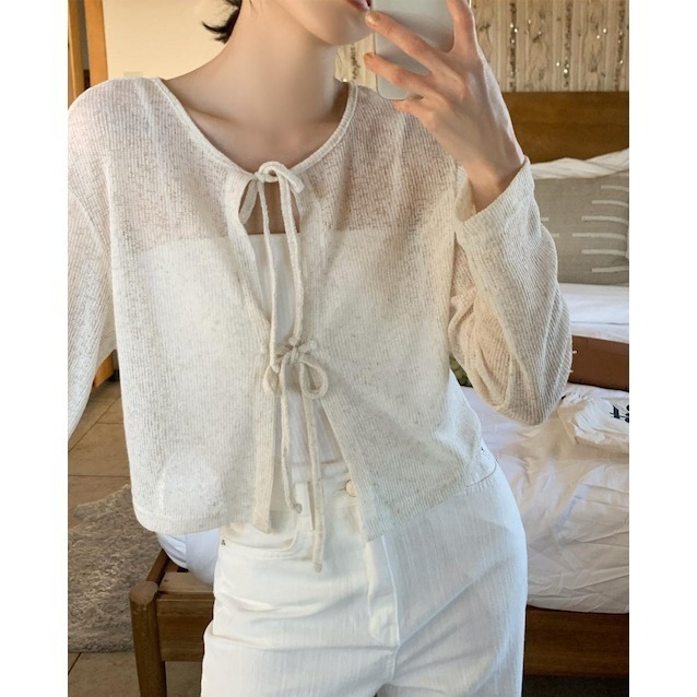 🇰🇷［韓妞穿搭-現貨］A024  98度C 98製作 透膚雙綁帶兩穿亞麻罩衫 蝴蝶結 上衣 罩衫 98doci-細節圖2