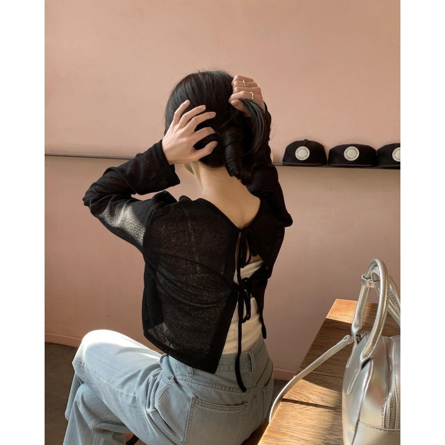 🇰🇷［韓妞穿搭-現貨］A024  98度C 98製作 透膚雙綁帶兩穿亞麻罩衫 蝴蝶結 上衣 罩衫 98doci-細節圖7