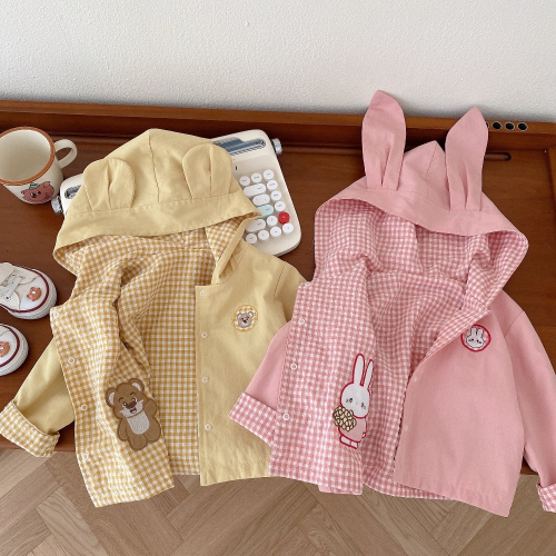 早寶貝》2309🍁 外套 兒童雙面外套 0-5歲 秋季 韓國童裝 女童 小熊連帽 外套 男童格子 上衣潮