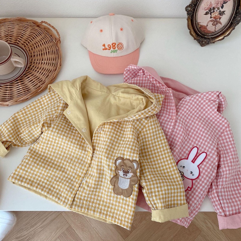 早寶貝》2309🍁 外套 兒童雙面外套 0-5歲 秋季 韓國童裝 女童 小熊連帽 外套 男童格子 上衣潮-細節圖2