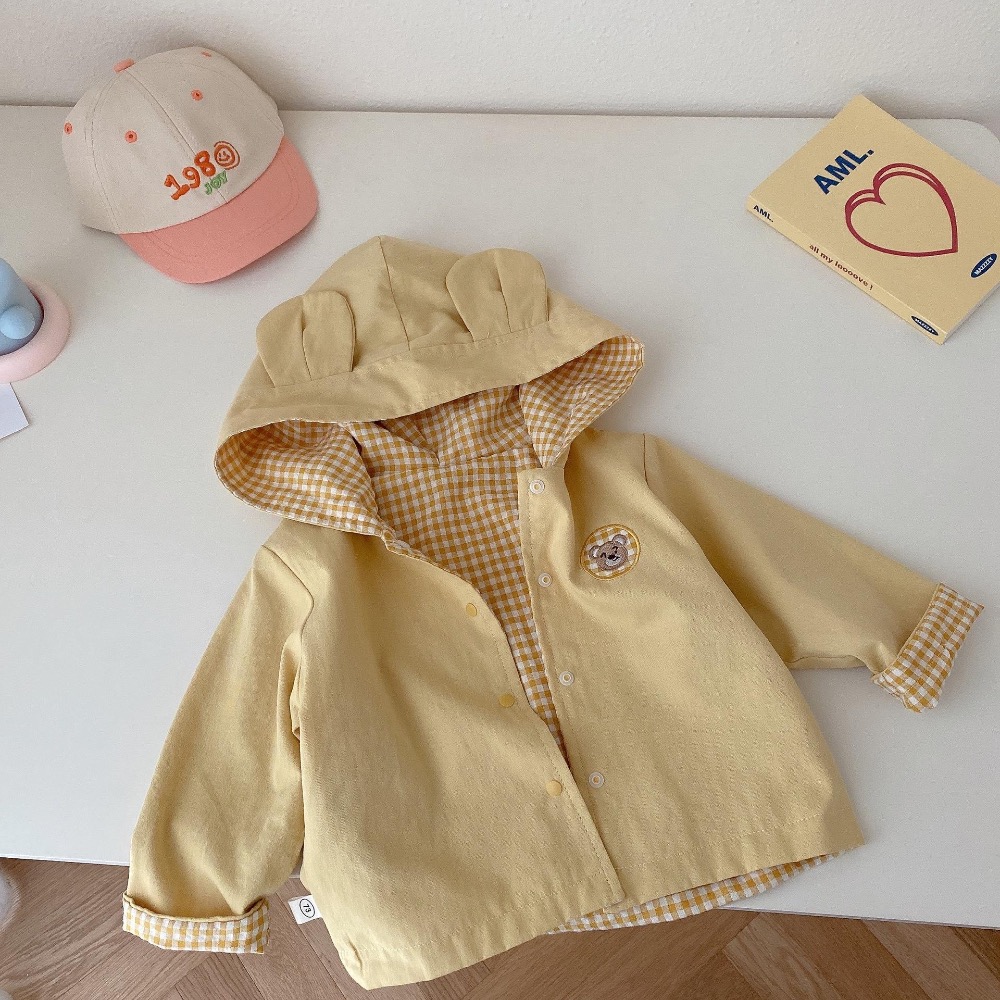 早寶貝》2309🍁 外套 兒童雙面外套 0-5歲 秋季 韓國童裝 女童 小熊連帽 外套 男童格子 上衣潮-細節圖5