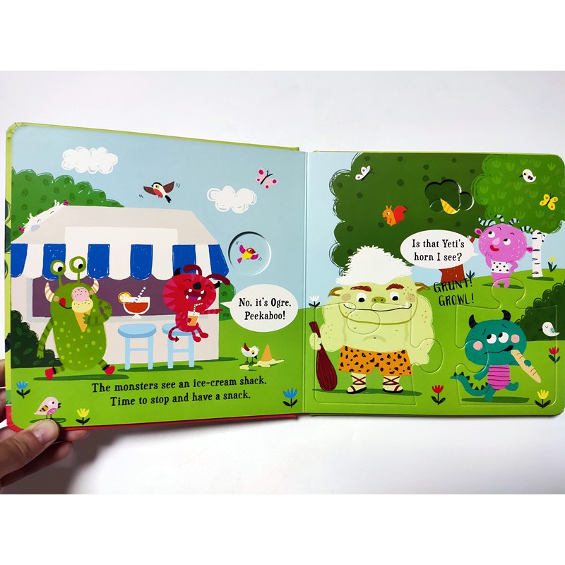 英文硬頁書｜HIDE & PEEP TALES：Monster Hide & Seek｜洞洞翻翻＋拼圖配對｜找找小雪怪-細節圖2