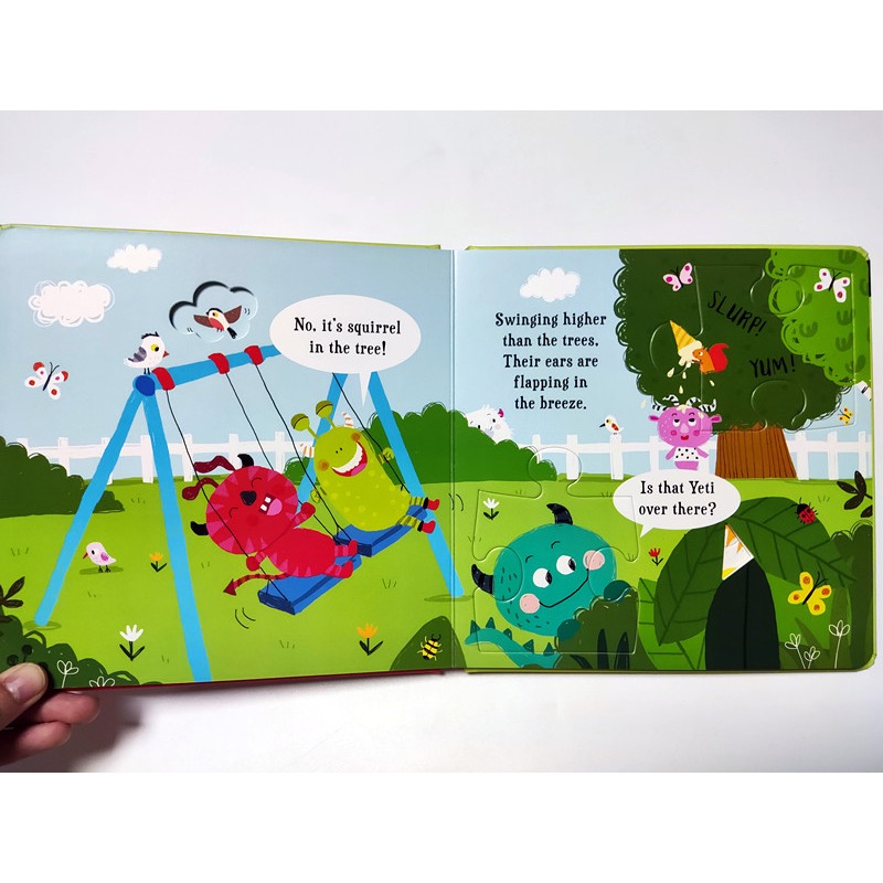 英文硬頁書｜HIDE & PEEP TALES：Monster Hide & Seek｜洞洞翻翻＋拼圖配對｜找找小雪怪-細節圖3
