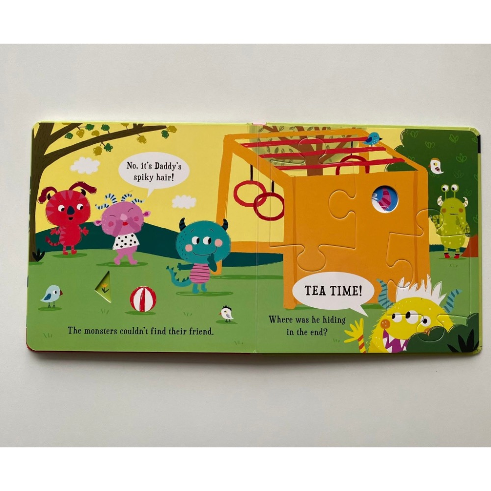 英文硬頁書｜HIDE & PEEP TALES：Monster Hide & Seek｜洞洞翻翻＋拼圖配對｜找找小雪怪-細節圖4