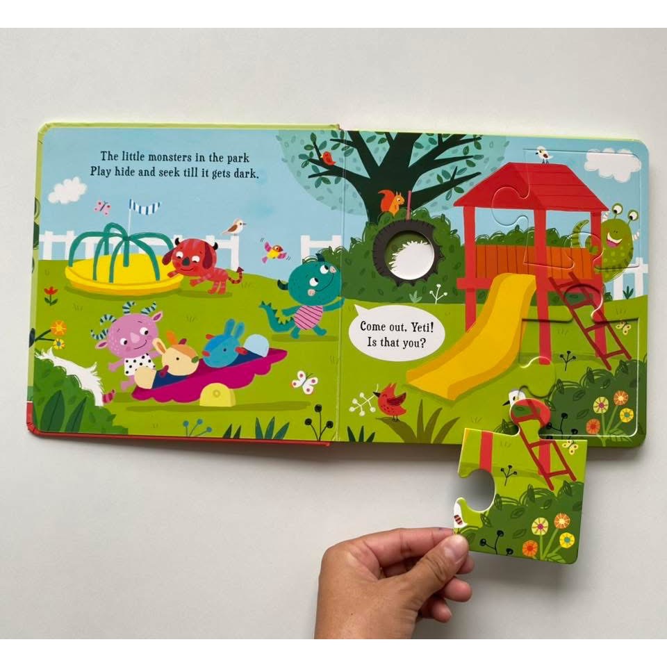 英文硬頁書｜HIDE & PEEP TALES：Monster Hide & Seek｜洞洞翻翻＋拼圖配對｜找找小雪怪-細節圖5