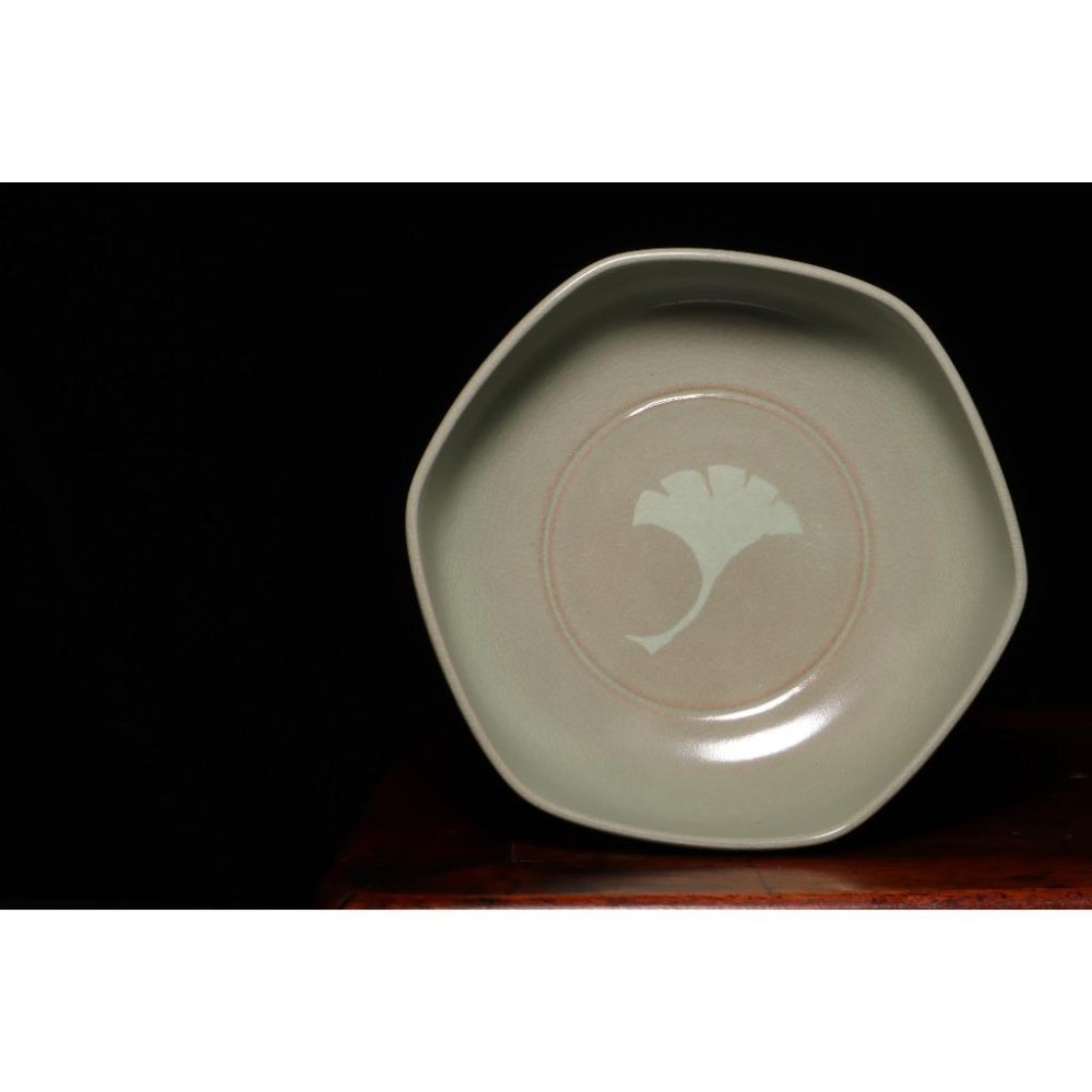 《部町》日本 原平窯 加藤善昌 青瓷亀甲 銀杏 菓子缽 附木箱｜抹茶 茶道具 茶道 花道 花藝 神社 京都 古董 茶碗-細節圖3