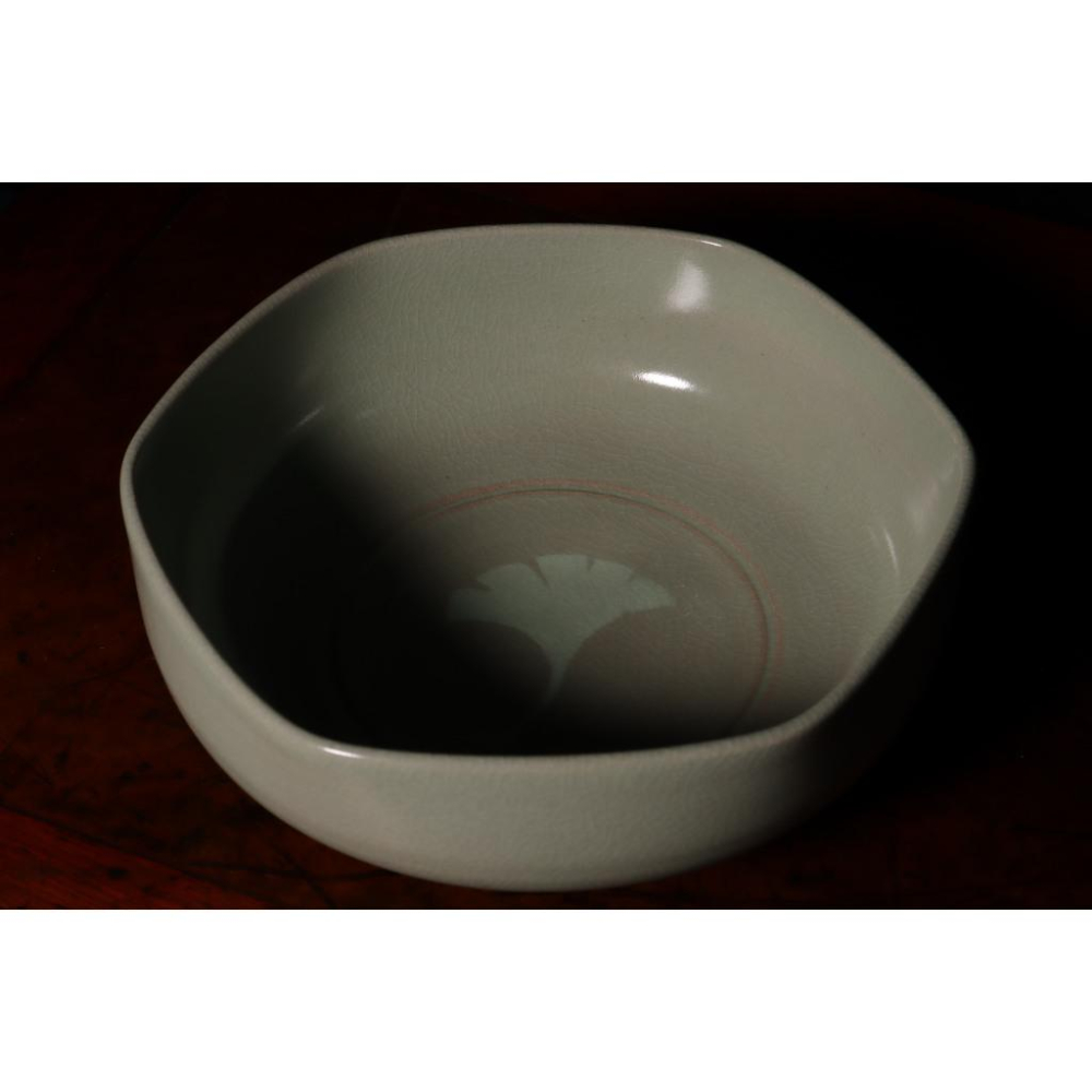 《部町》日本 原平窯 加藤善昌 青瓷亀甲 銀杏 菓子缽 附木箱｜抹茶 茶道具 茶道 花道 花藝 神社 京都 古董 茶碗-細節圖4