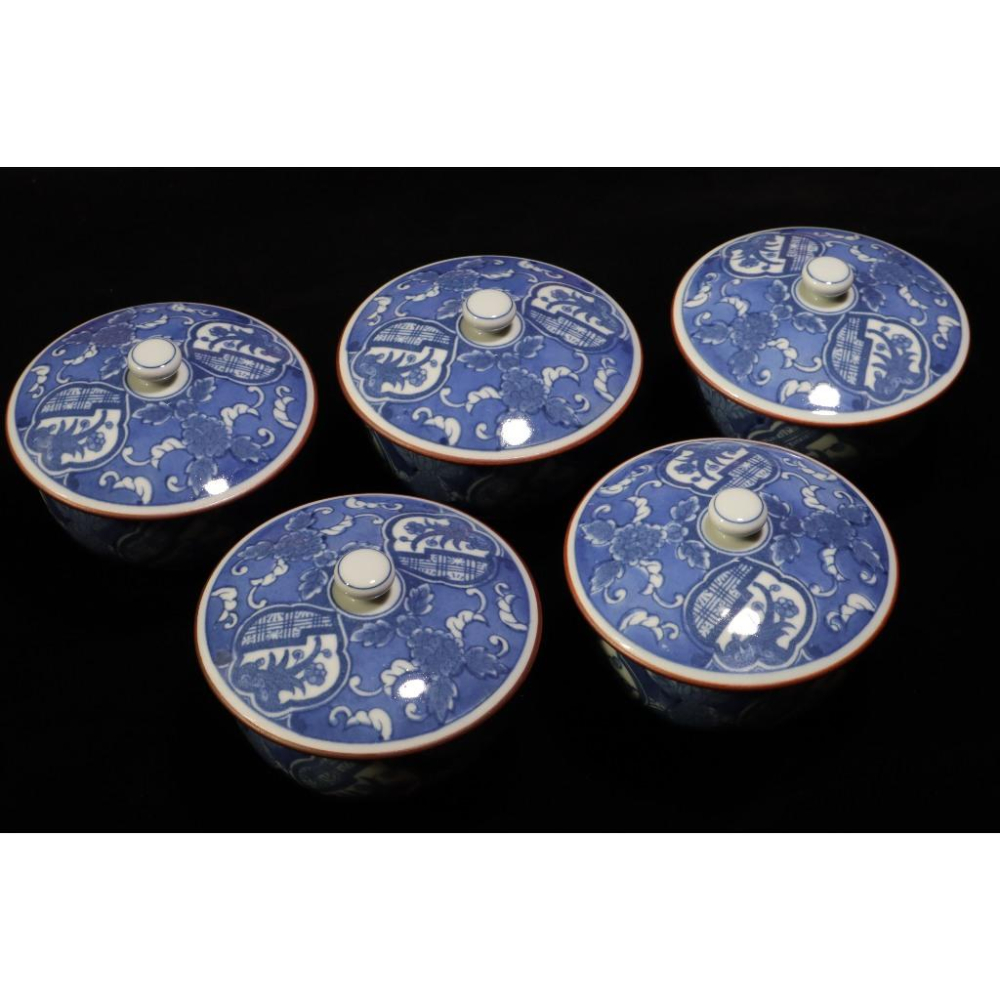 《部町》日本 有田燒 染付青花蘭草蓋茶杯 五客 附木箱｜抹茶 茶道具 茶道 花道 花藝 神社 京都 古董 茶碗 茶杯-細節圖2