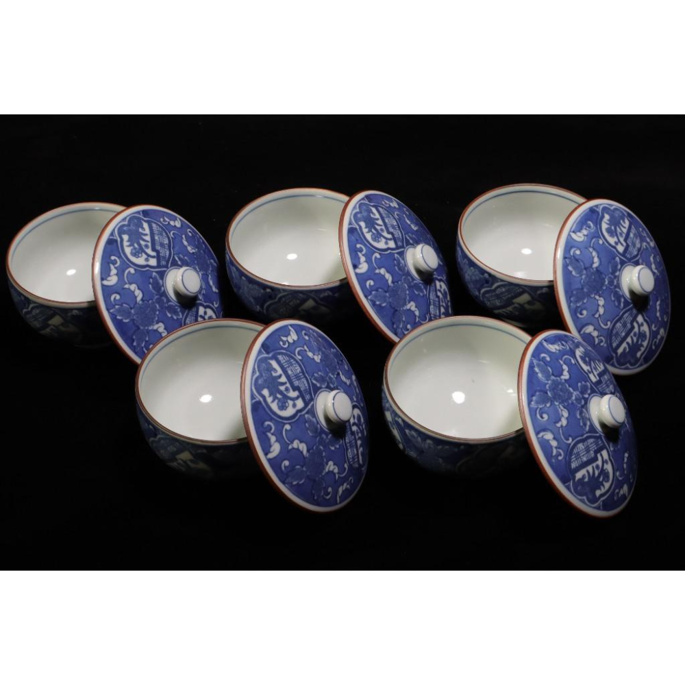 《部町》日本 有田燒 染付青花蘭草蓋茶杯 五客 附木箱｜抹茶 茶道具 茶道 花道 花藝 神社 京都 古董 茶碗 茶杯-細節圖3