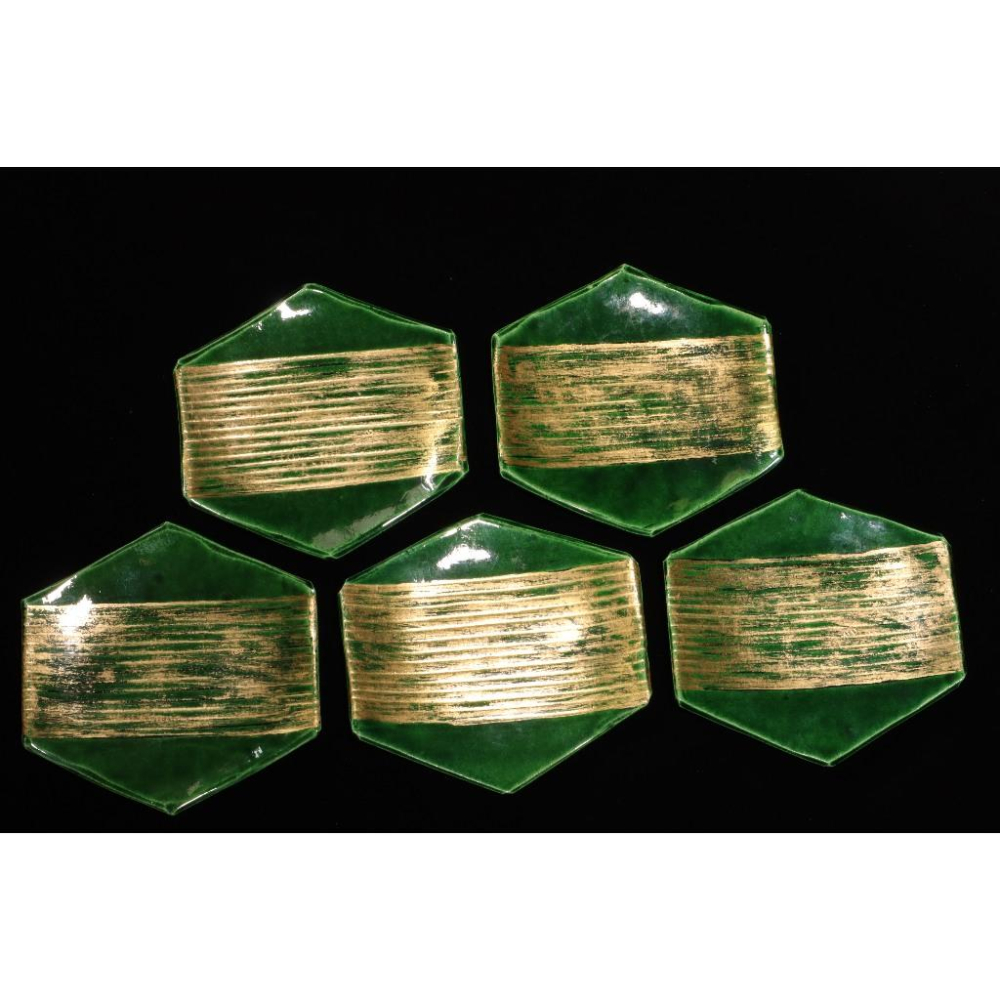 《部町》日本 獨樂燒 吉向款 金箔龜甲 菓子盤 五客 附木箱｜抹茶 茶道具 茶道 花道 花藝 神社 京都 古董 茶碗-細節圖2