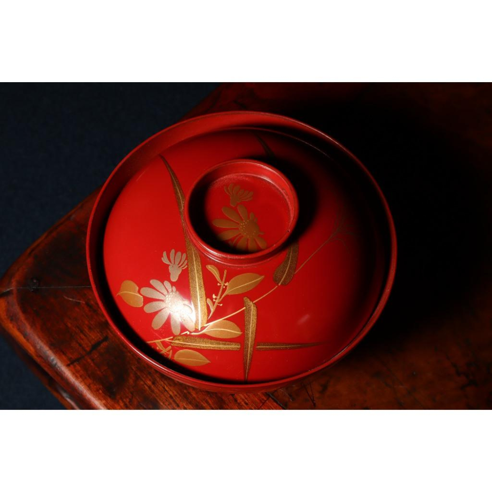 《部町》日本 木胎蒔繪朱漆花草 蓋碗｜抹茶 茶道具 茶道 花道 花藝 神社 京都 古董 茶碗 茶杯-細節圖2