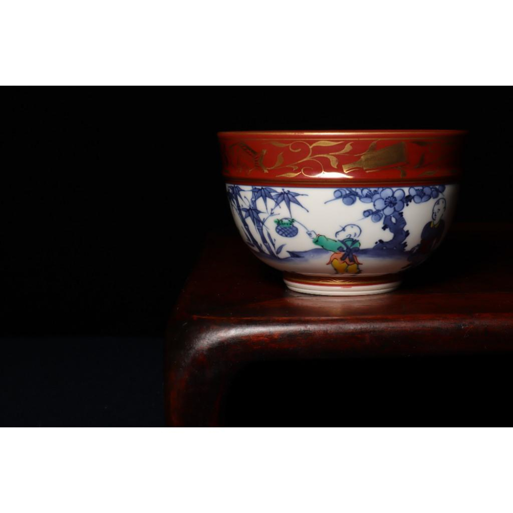 《部町》日本 桃山窯 金攔手 唐子繪青花 抹茶碗 附木箱 原共布｜抹茶 茶道具 茶道 花道 花藝 神社 京都 古董 茶碗-細節圖2