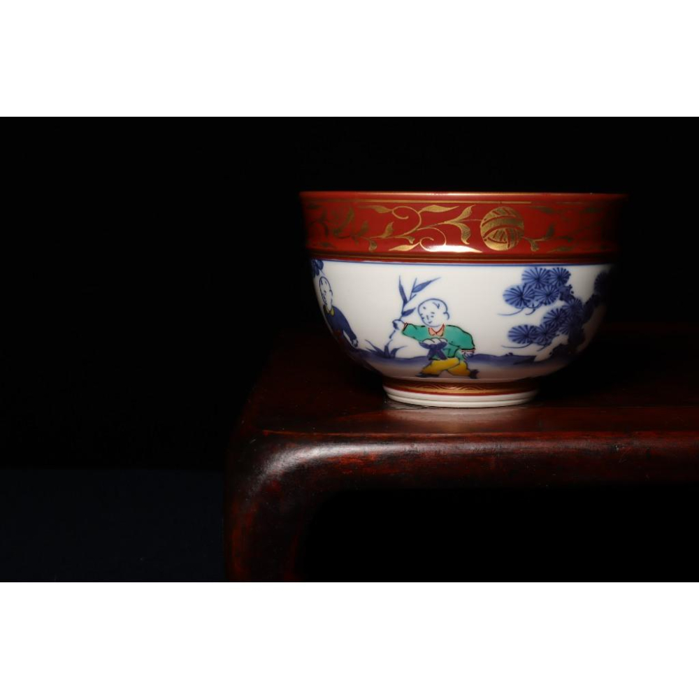 《部町》日本 桃山窯 金攔手 唐子繪青花 抹茶碗 附木箱 原共布｜抹茶 茶道具 茶道 花道 花藝 神社 京都 古董 茶碗-細節圖3