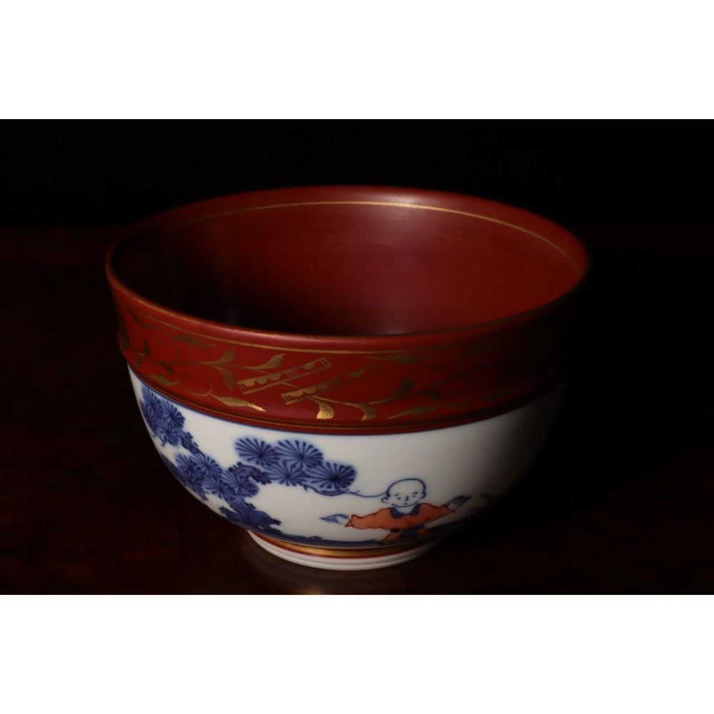 《部町》日本 桃山窯 金攔手 唐子繪青花 抹茶碗 附木箱 原共布｜抹茶 茶道具 茶道 花道 花藝 神社 京都 古董 茶碗-細節圖4