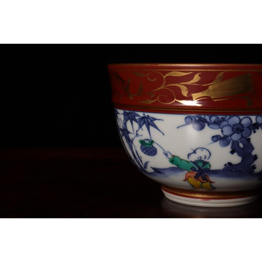 《部町》日本 桃山窯 金攔手 唐子繪青花 抹茶碗 附木箱 原共布｜抹茶 茶道具 茶道 花道 花藝 神社 京都 古董 茶碗-細節圖6