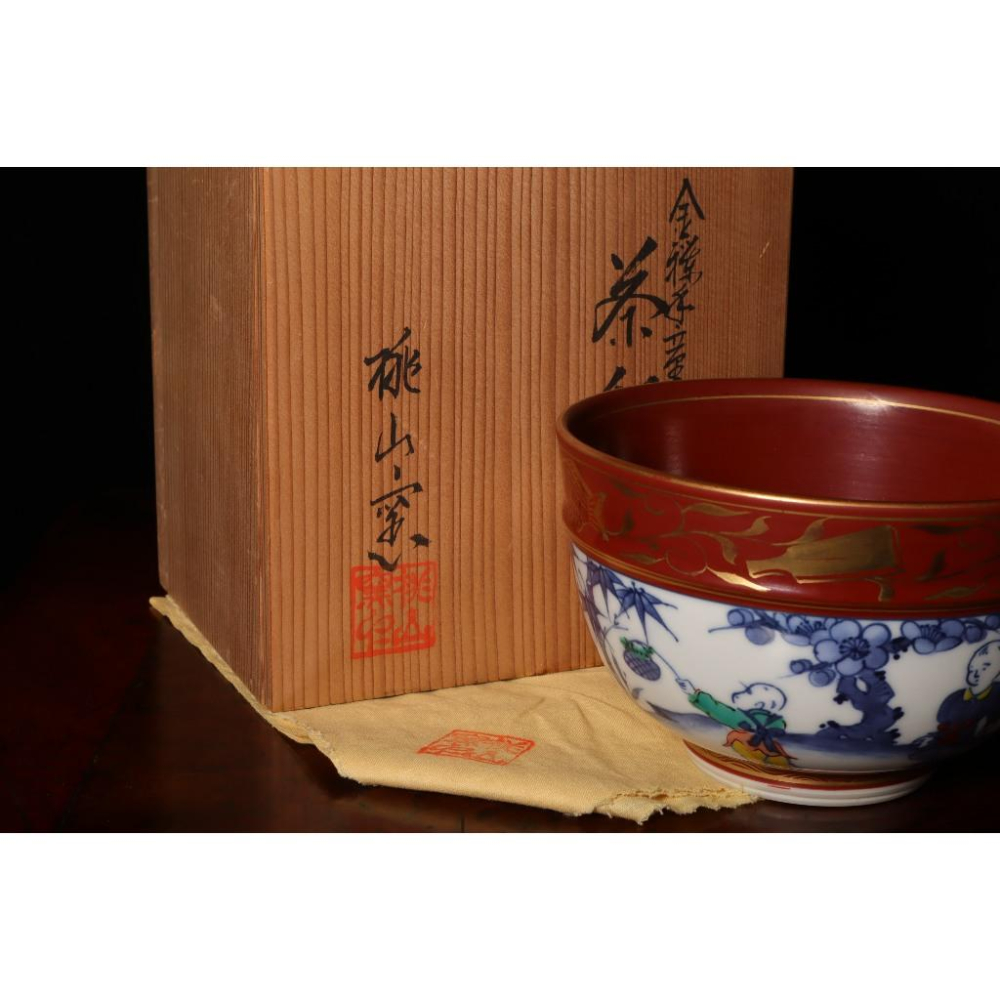 《部町》日本 桃山窯 金攔手 唐子繪青花 抹茶碗 附木箱 原共布｜抹茶 茶道具 茶道 花道 花藝 神社 京都 古董 茶碗-細節圖7