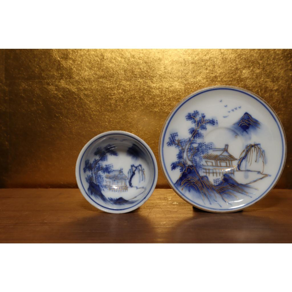 《部町》日本 明治時代 九谷 金彩 染付青花山水紋 茶杯托 一套｜抹茶 古董 茶杯 水杯 瓷器 磁器 茶碗 茶葉-細節圖3