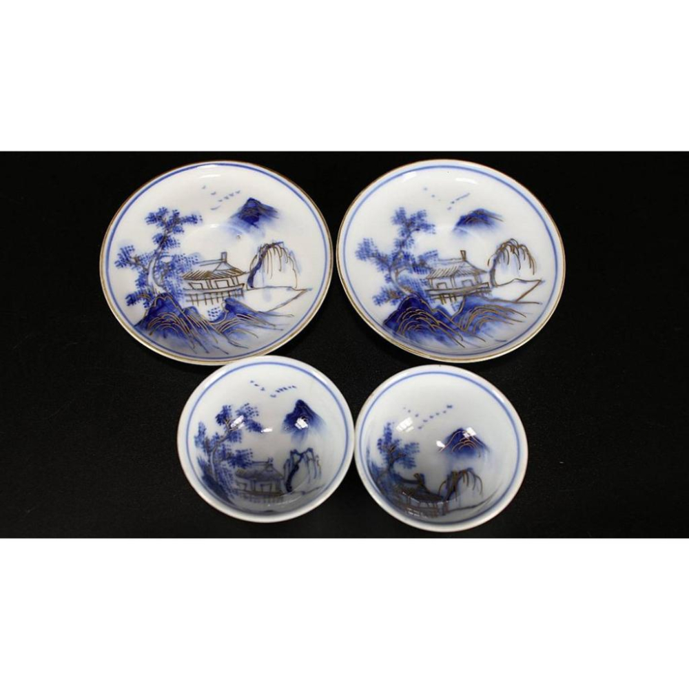 《部町》日本 明治時代 九谷 金彩 染付青花山水紋 茶杯托 一套｜抹茶 古董 茶杯 水杯 瓷器 磁器 茶碗 茶葉-細節圖5