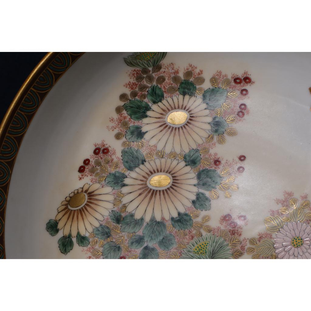 《部町》日本 老九谷 梶本款 手繪青粒秋菊描金菓子缽 大盤 ｜抹茶 茶道具 茶道 花道 花藝 神社 京都 古董 九谷燒-細節圖3