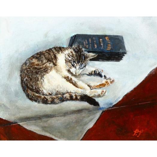 《部町》手繪油畫 虎斑貓憩 木框畫 ｜墨寶 文房 茶道 花藝 花道 禪 神社 法師 宗教 佛教 油畫 貓咪 貓-細節圖2