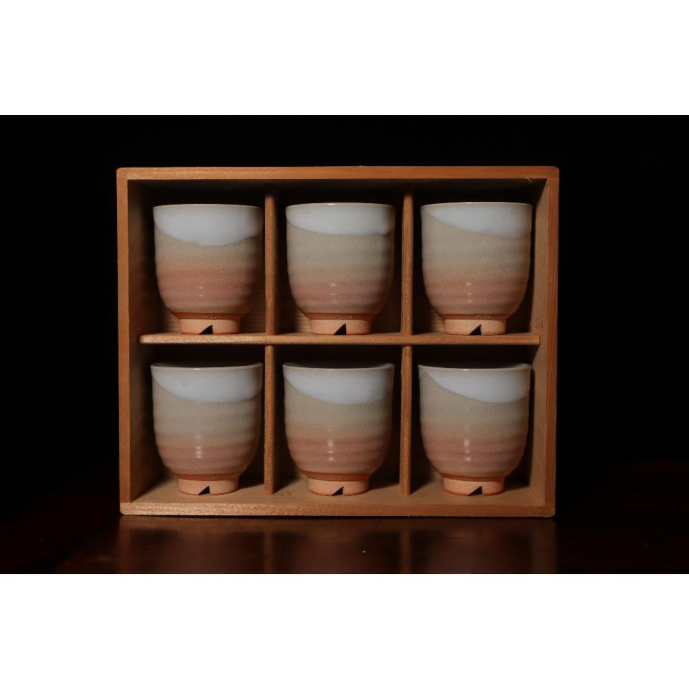《部町》日本 萩燒椿秀窯 湯吞杯 茶杯 六客 附木箱｜抹茶 茶道具 茶道 花道 花藝 神社 京都 古董 茶碗 茶杯-細節圖2