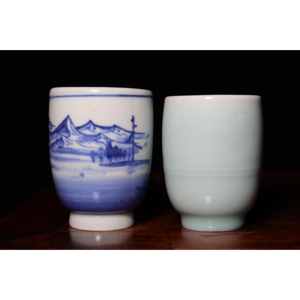 《部町》日本 万岳窯 木村万岳 手繪青花山水 夫妻湯吞 茶杯 附木箱｜抹茶 茶道具 茶道 花道 花藝 神社 茶葉 茶杯-細節圖2
