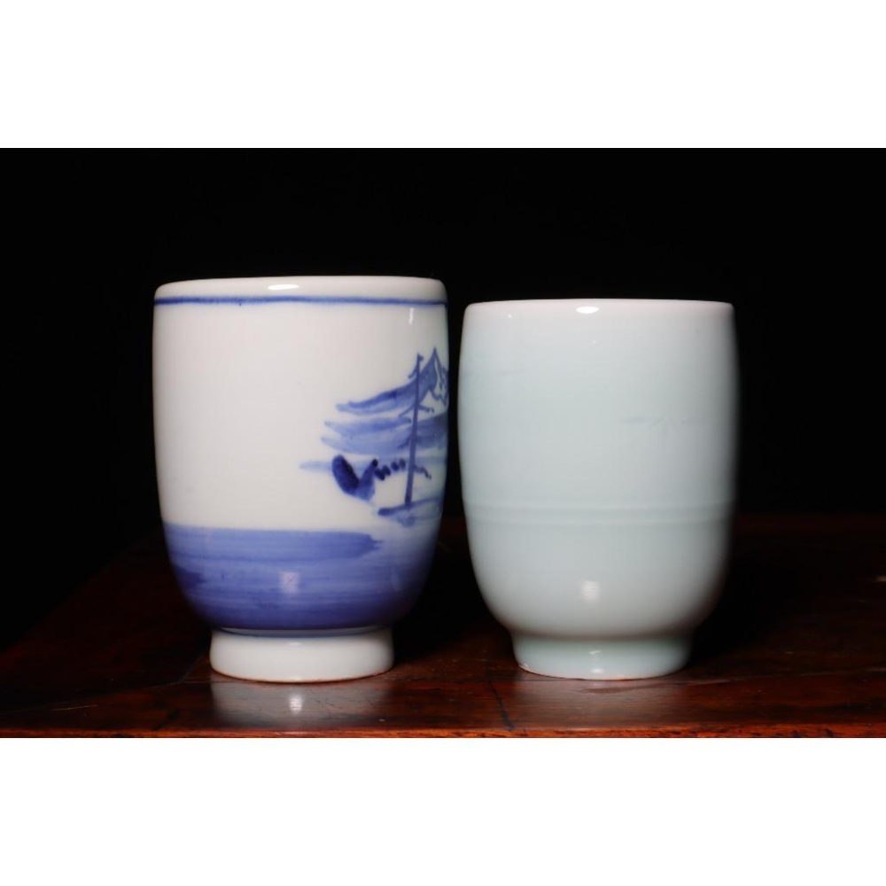 《部町》日本 万岳窯 木村万岳 手繪青花山水 夫妻湯吞 茶杯 附木箱｜抹茶 茶道具 茶道 花道 花藝 神社 茶葉 茶杯-細節圖3