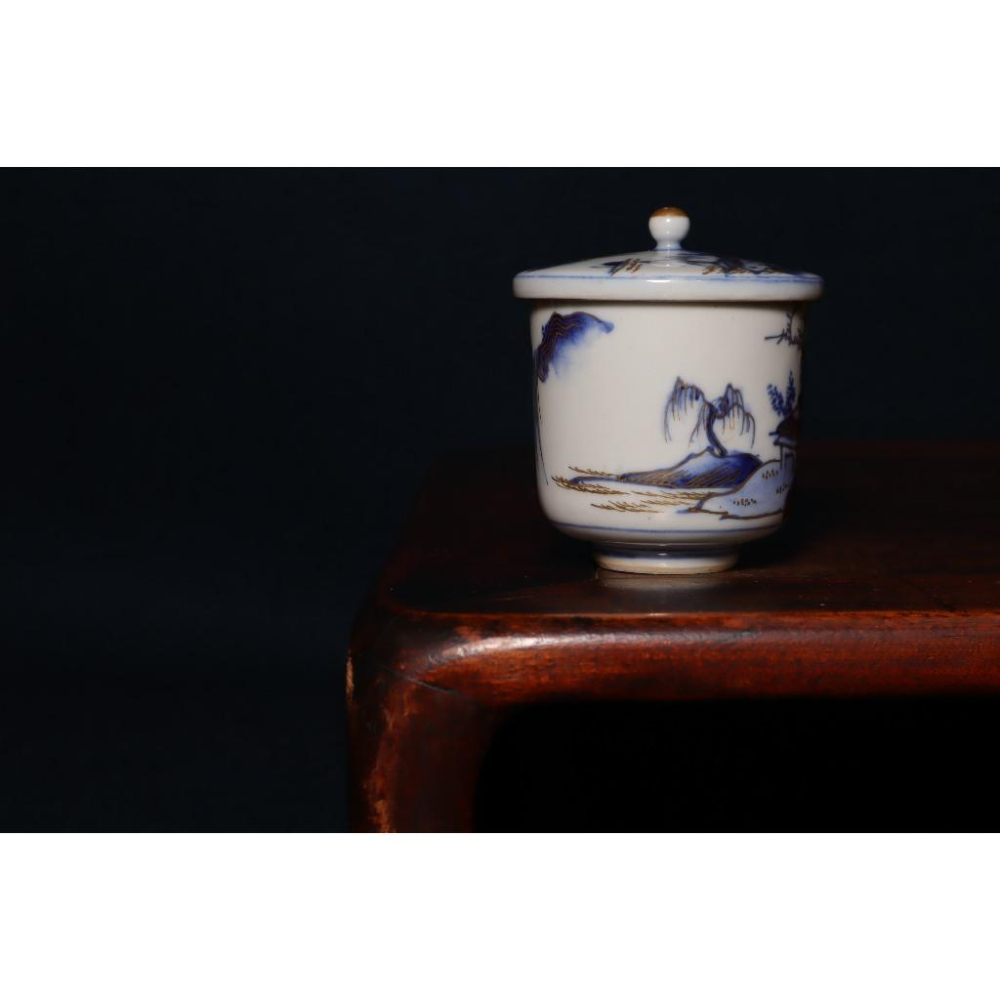 《部町》日本時代物 老九谷 描金山水染付青花 金鑭手蓋湯吞 茶杯  ｜抹茶 茶道具 茶道 花道 花藝 神社 茶葉 普洱茶-細節圖4